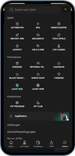 SlotMafia App Menü – Spielekategorien, Promotionen und VIP-Programm
